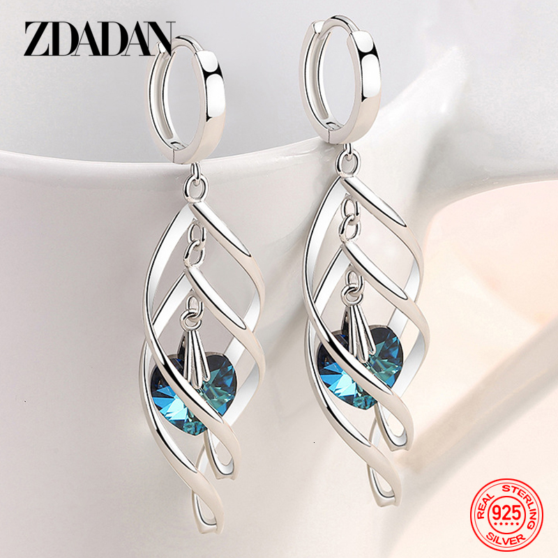 Dangle Chandelier ZDADAN 925 Silver Hollow Blue Crystal Long Drop Earrings For Women Fashion Wedding Jewelry Gift 230410