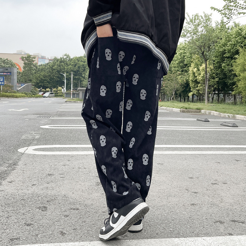 Men's Pants Preppy Style Skull Full Print Drawstring Casual Corduroy Men Baggy Hip Hop Straight Sweatpants Male Loose Trousers 230411
