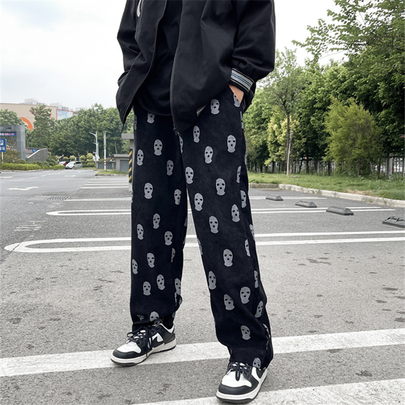 Men's Pants Preppy Style Skull Full Print Drawstring Casual Corduroy Men Baggy Hip Hop Straight Sweatpants Male Loose Trousers 230411