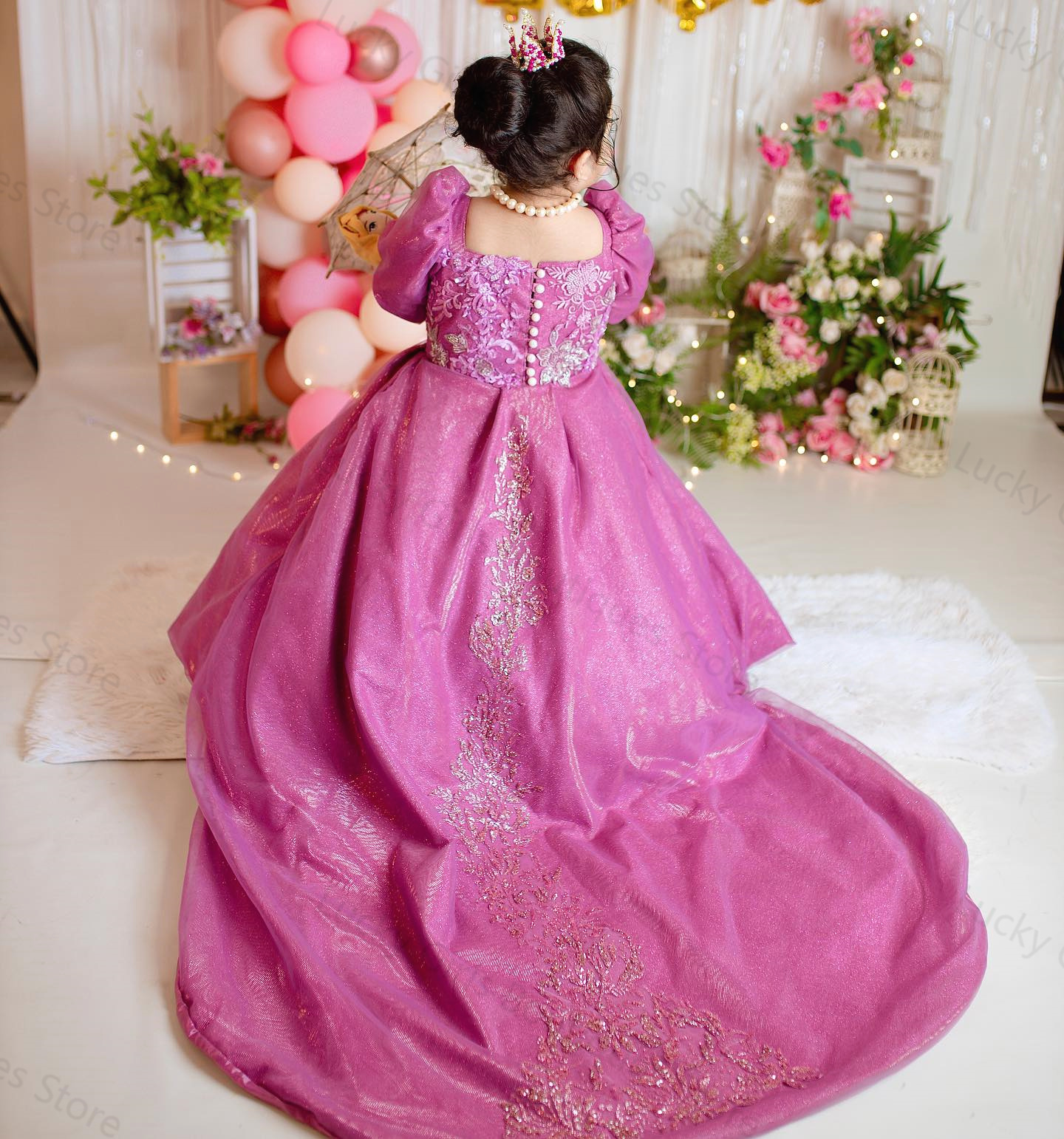 Lace Appliqued A Line Kids Party Dresses Square Neck Long Sleeve First Communion Dress Sweep Train Toddler Birthday Wear