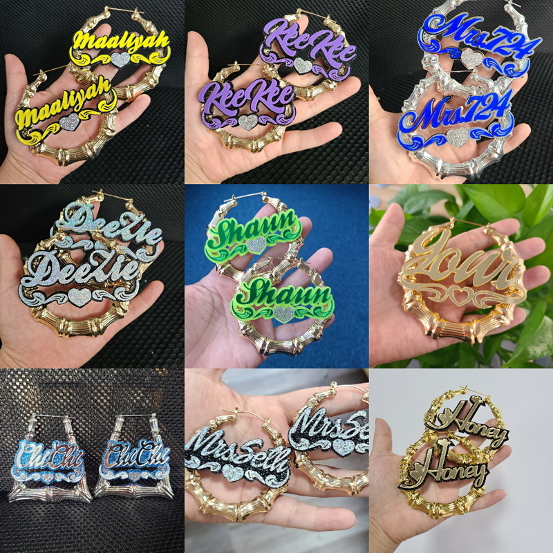 Hoop Huggie Big Bamboo Personalized Name Custom Earrings C4 230411
