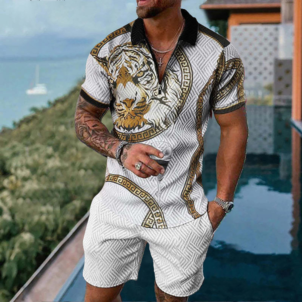 Men's Tracksuits Men's Polo Suit Summer Fashion Men Sets Printed Short Sleeve Zipper Polo Shirt Shorts Set for Men Casual Streetwear 2-piece