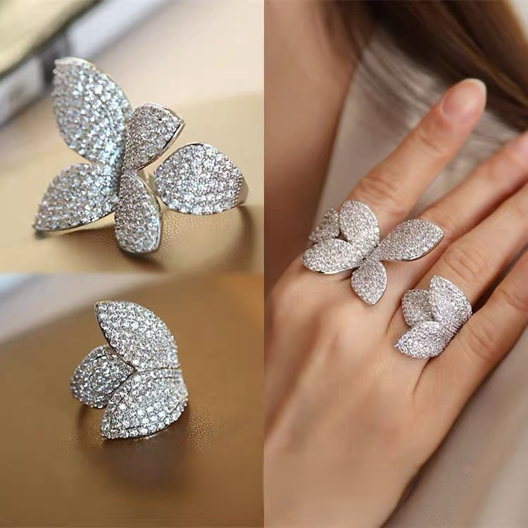 Band Rings Big Silver Color Flower Leaf Adjustable Ring with Bling Zircon Stone for Women Wedding Engeagement Fashion Jewelry Trend 230410