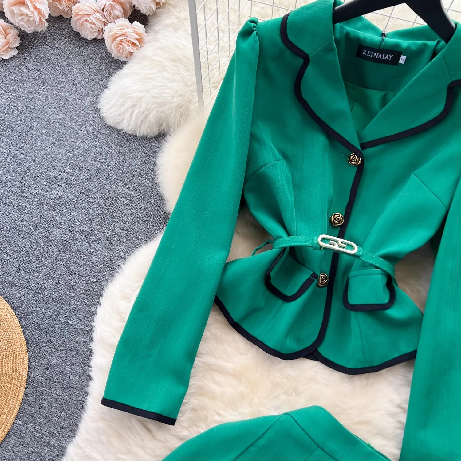 Two Piece Dress Vestidos Autumn Office Women's Blazer Suits New High Quality Green Notched Collar Single Breasted Belt Coat Pleated Midi Skirt Su