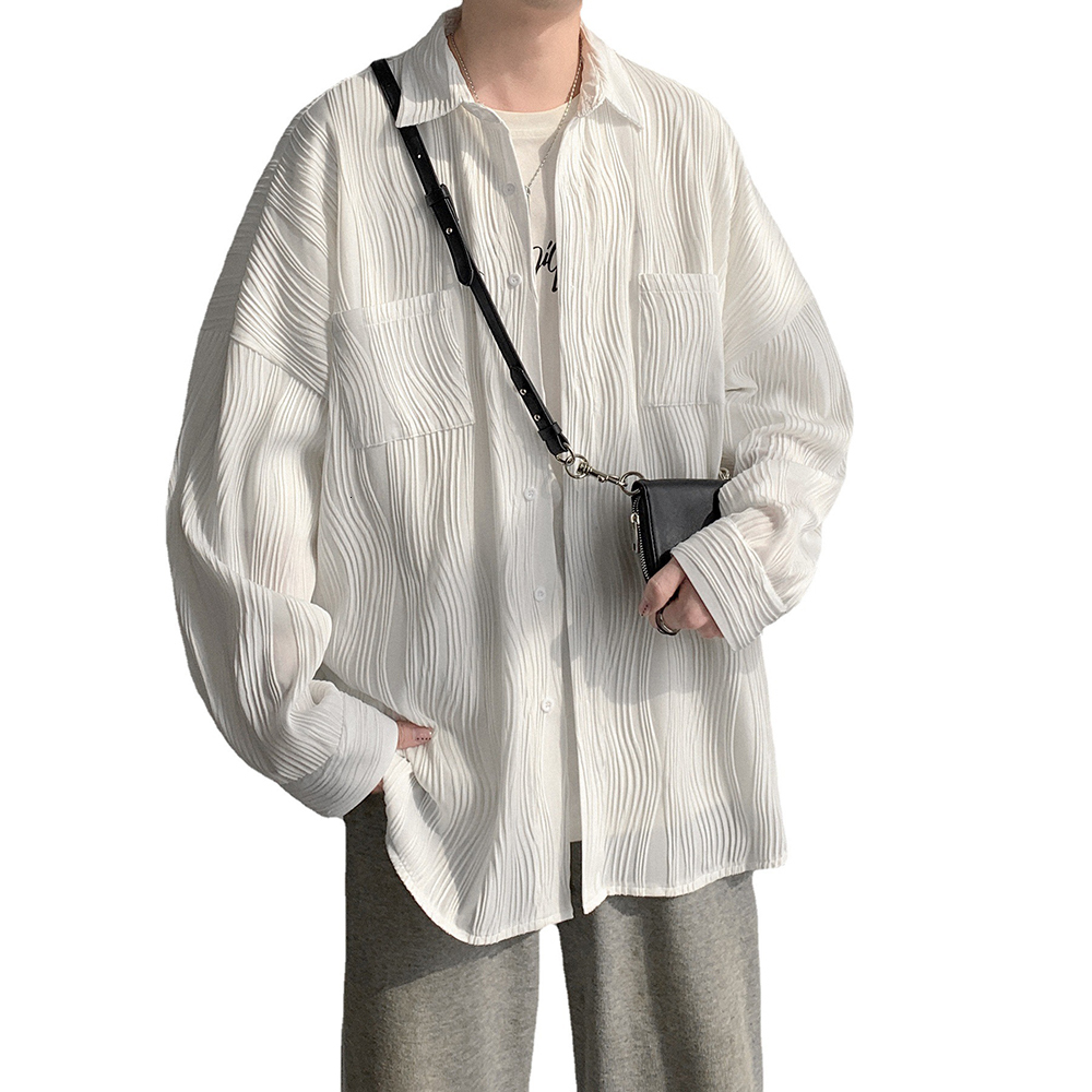Men s T Shirts Spring Black White Pleated Shiert Fashion Oversized Casual Korean Loose Pocket Long Sleeve s s Dress 230411