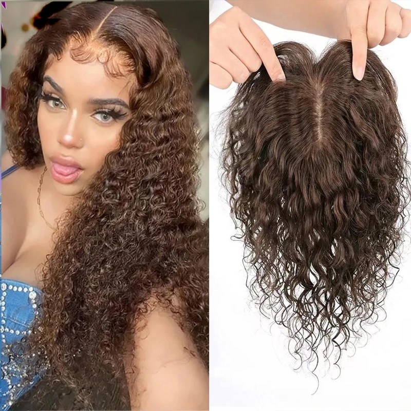 Curly Clip in Human Hair Toppers Seamless Hairpiece Toupee for Women Thick Silk Base Topper for Thicking Hair brown natural black 6x6" large base