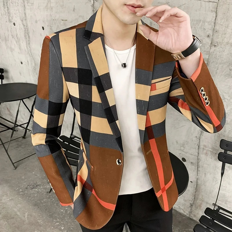 Men's Suits Blazers Men's Blazer Fashion British Style Contrast Plaid Stitching Pattern Striped Slim Casual High-quality Men's Clothing