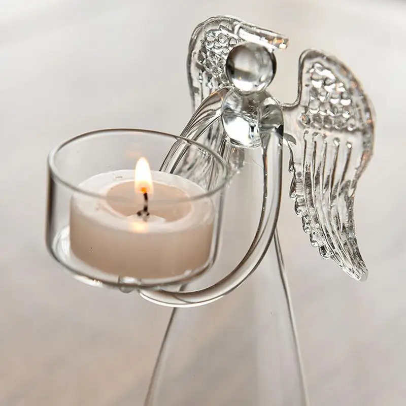 Candle Holders Glass Angel Candle Holder Angel Figurine Transparent Angel Statue Tealight Candle Holder Gifts Desktop Tealight Stand Ornaments 231110