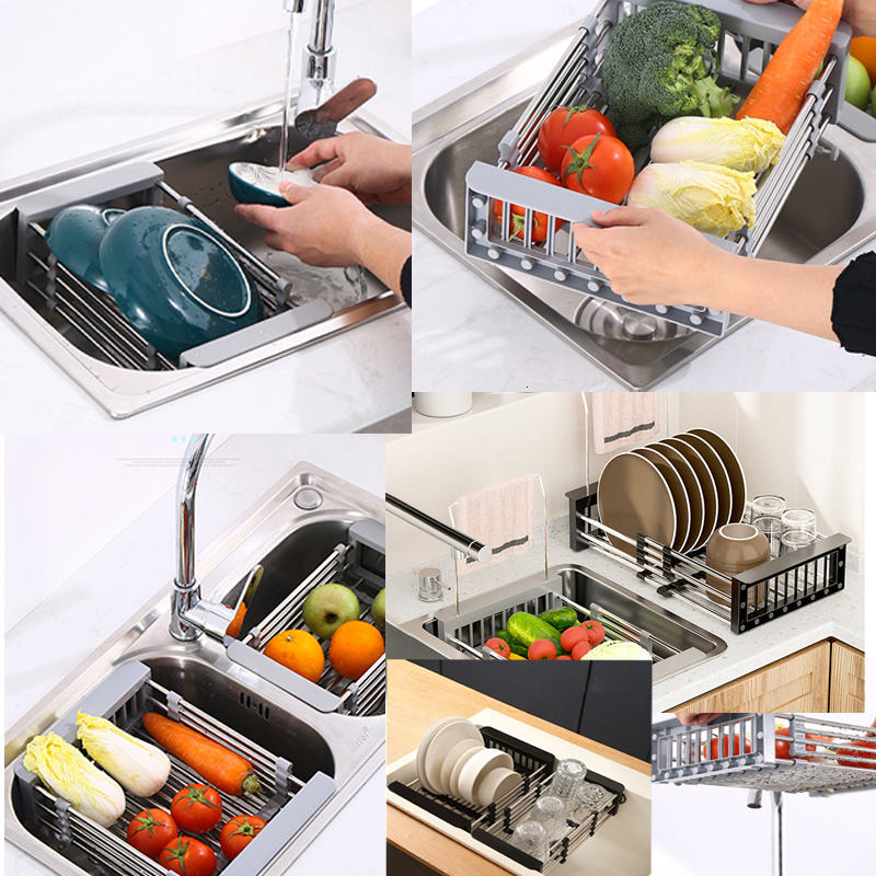 Storage Holders Racks Adjustable Dish Drying Stainless Steel Drainer Fruit Vegetable Kitchen Sink Drain Holder 230410