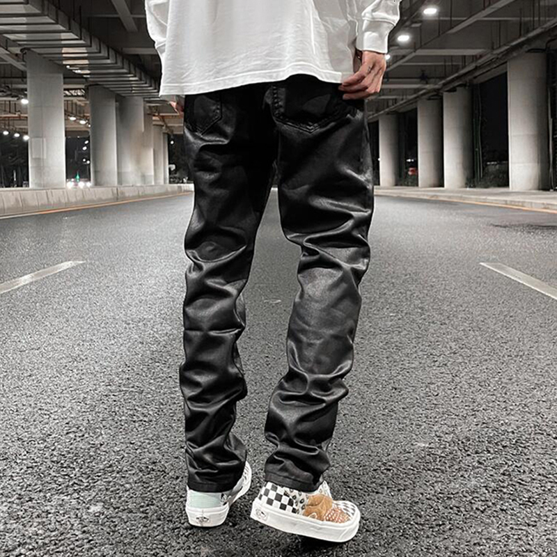 Men s Pants Harajuku Black Jeans Vibe Waxed Casual Trousers Straight Pockets Oversized Pencil Loose Hip Hop Mens 220410