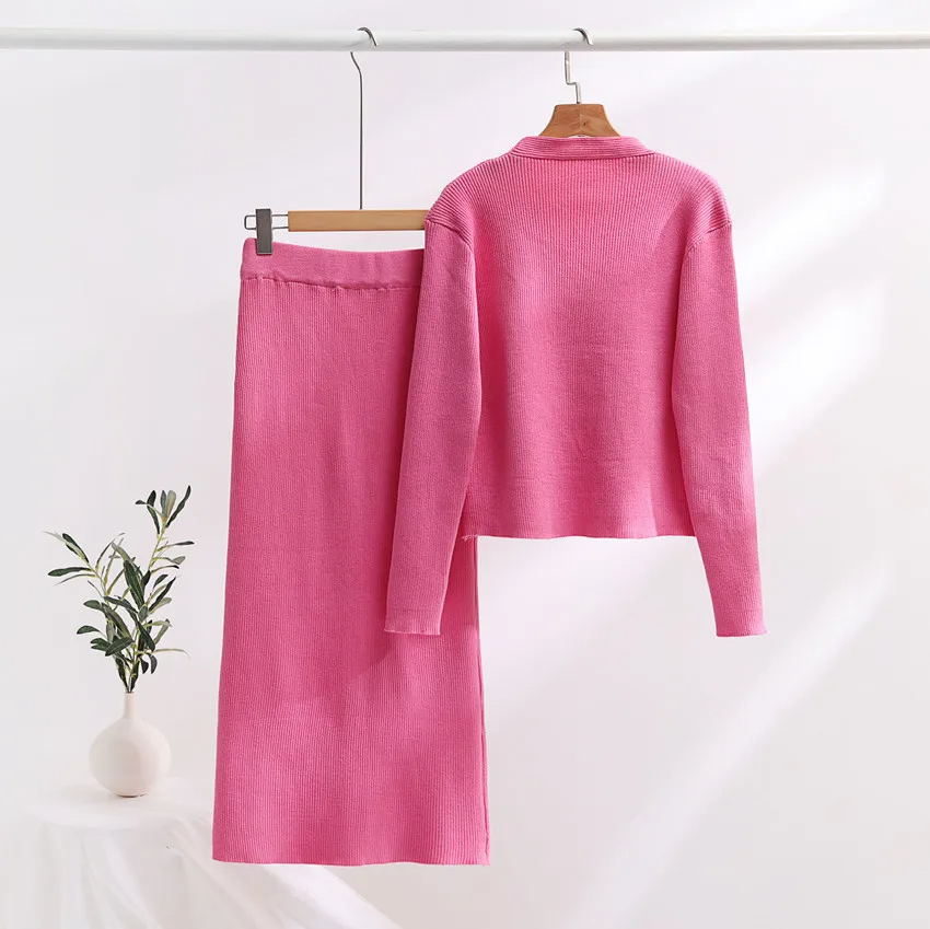 Two Piece Dress Vestidos New Autumn Winter Pink Knitted Sweater Suit Women V Neck Double Breasted Short Cardigan Long A Line Skirts 2 PCS Set 2024
