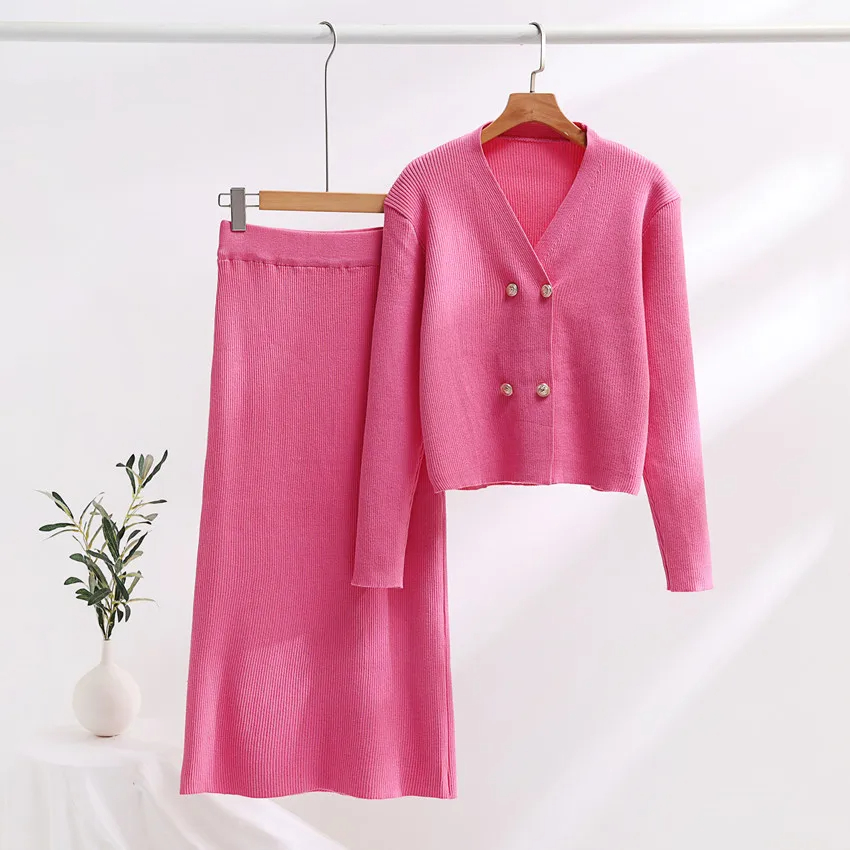 Two Piece Dress Vestidos New Autumn Winter Pink Knitted Sweater Suit Women V Neck Double Breasted Short Cardigan Long A Line Skirts 2 PCS Set 2024