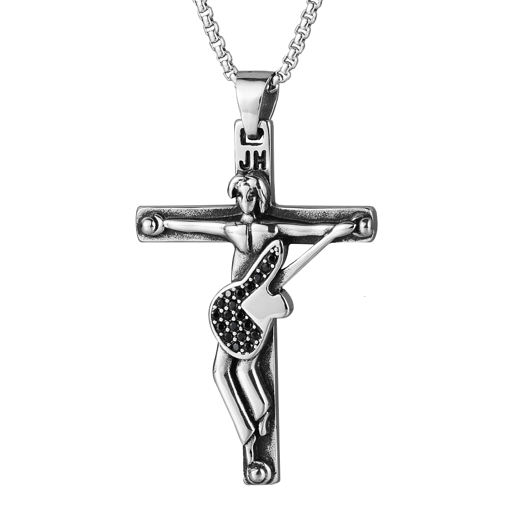 Charms Johnny Hallyday Guitar Cross Pendant 3 Colors Punk Stainless Steel Necklace With Black Rope Chain Men Necklaces Jewelry Gift 230411