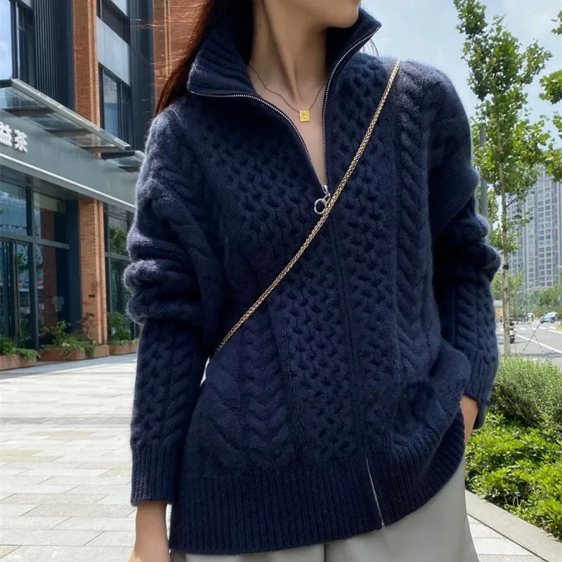 Women's Fur Faux European station autumn and winter thick highnecked cashmere knitted Cardigan woman loose thin zipper sweater coat wool 231205