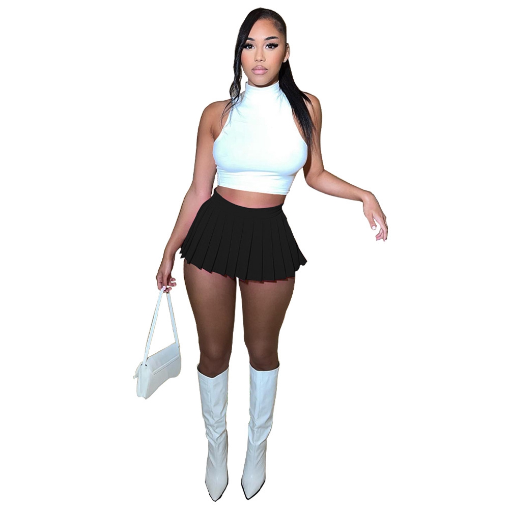 Women's Mini Pleated Skirts Sexy Solid Color Club Y2k High Wiast Stretchy Tennis Skater A-line Mini Length Skirt for School Party