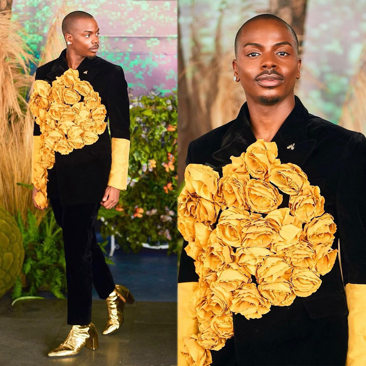 Fashion Groom Tuxedos Gold Hand Made Flowers Shawl Lapel Men Pants Suits Groomsmen Slim Fit Wedding Coat 2 Pieces