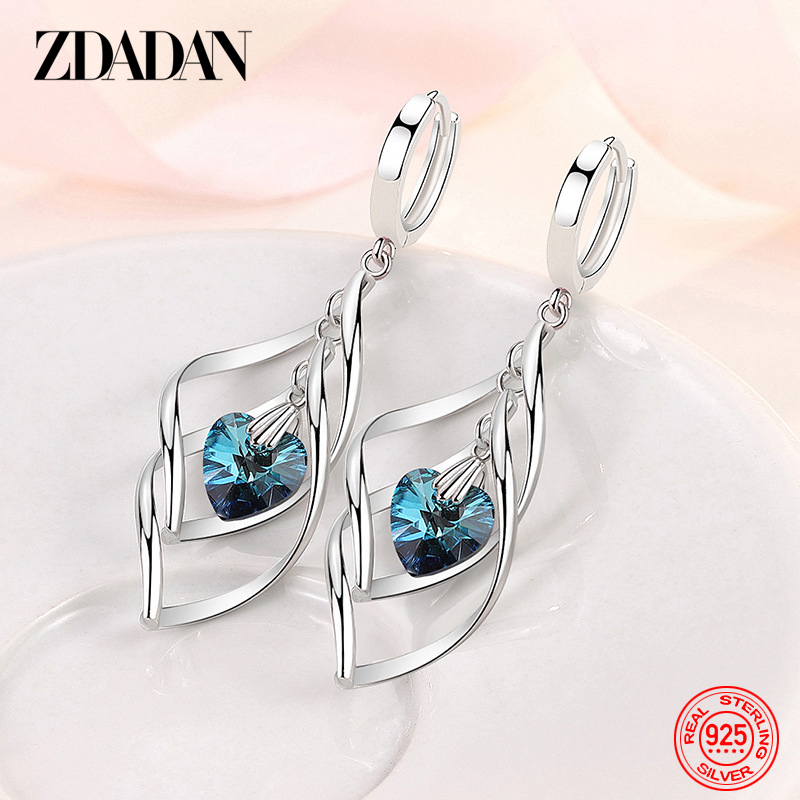 Dangle Chandelier ZDADAN 925 Silver Hollow Blue Crystal Long Drop Earrings For Women Fashion Wedding Jewelry Gift 230410