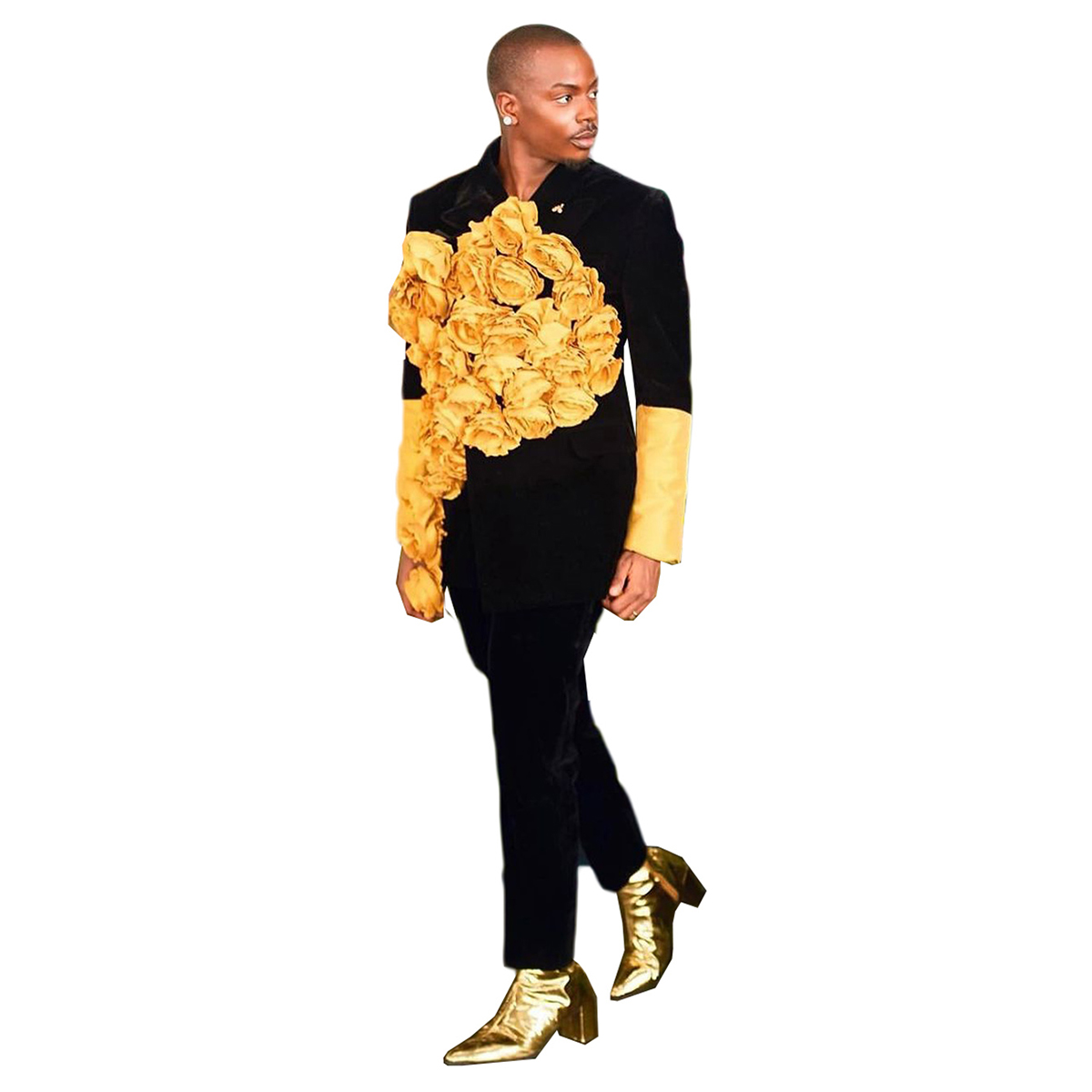 Fashion Groom Tuxedos Gold Hand Made Flowers Shawl Lapel Men Pants Suits Groomsmen Slim Fit Wedding Coat 2 Pieces