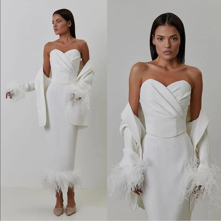 Little White Dress slim Fit Prom Dresses with Long Sleeve Jacket Ostrich Feather Stain Evening Straight Skirt gown