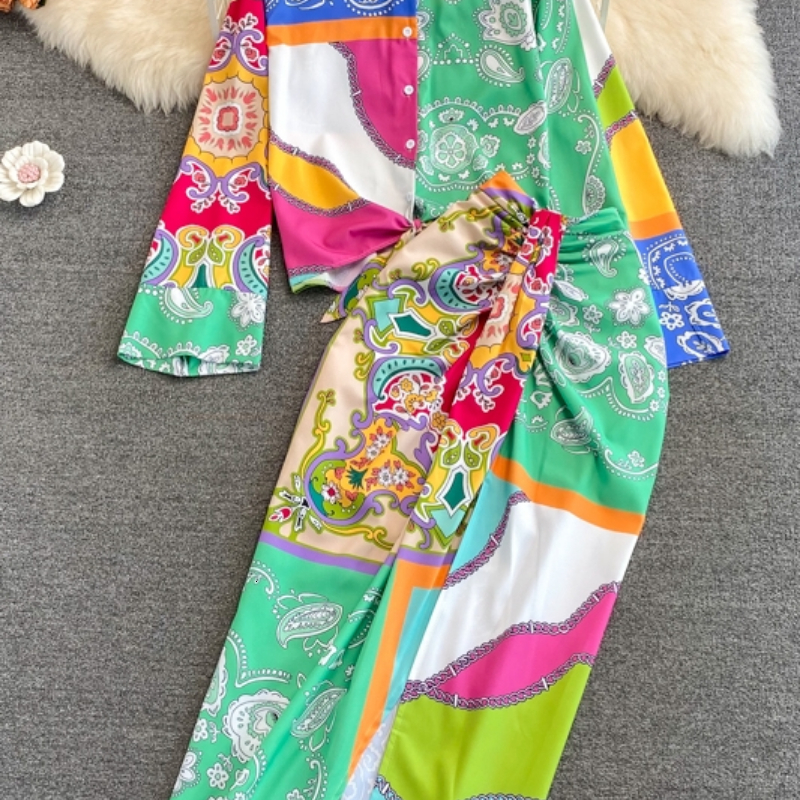 Two Piece Dress Summer Two Piece Casual Womens Long Sleeve Loose Vintage Flower Top Two Piece Mid length Waistpack Hip Skirt Elegant Set 230410