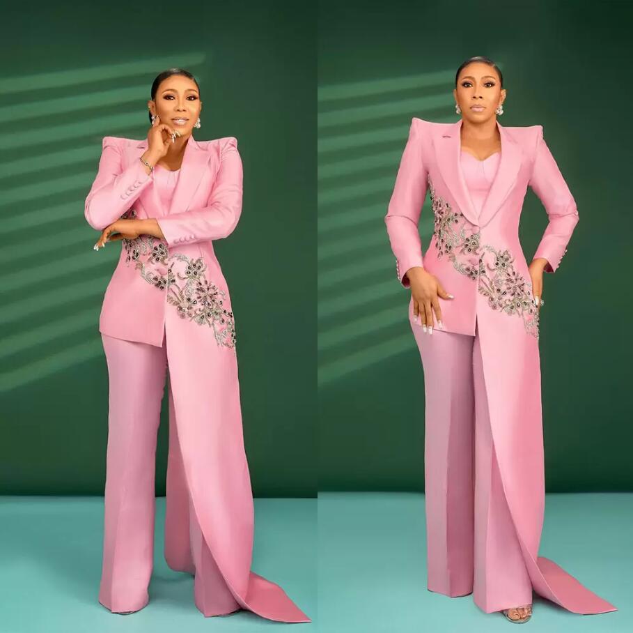 hot pink Red Carpet evening dresses with Pants Suits 2 Pieces Slim Fit Crystal Beads jumpsuit Prom dress Party Wear