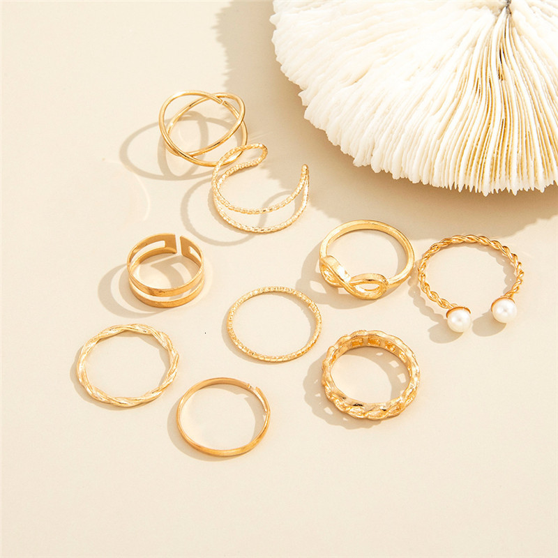 Band Rings 9pcs Punk Gold Color Chain Rings Set For Women Girls Fashion Irregular Finger Thin Rings Gift Female Knuckle Jewelry Party 230410