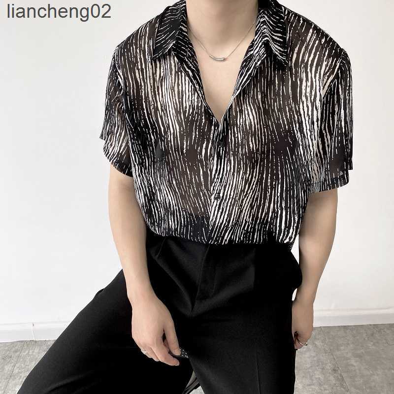 Men's Casual Shirts 2022 Summer Loose Striped Shirts Men Short Sleeve Oversized Shirt Unique Streetwear Hip Hop Harajuku Tops Social Party Blouse