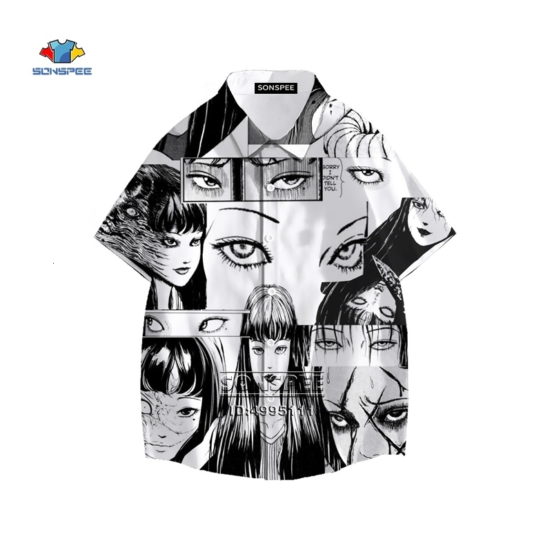 Men's Casual Shirts Junji Ito Men's Shirt Horror Manga Many Faces 3D Print Hawaiian Shirt Summer Casual Beach Shirts Short Sleeve Hip Hop Cl