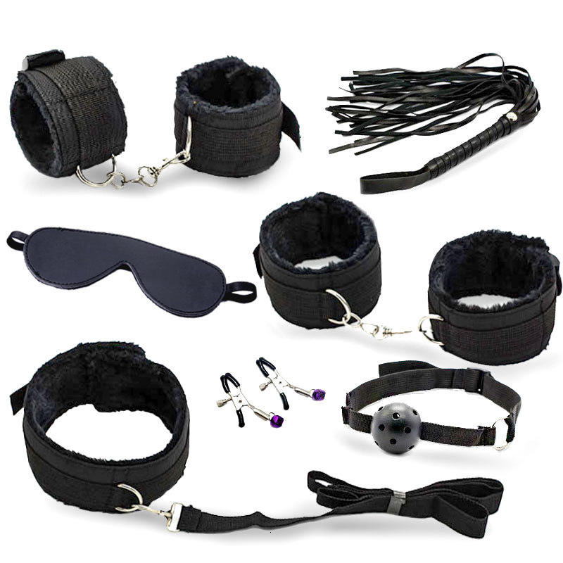 Cockrings Leopard 7 Pcs set Sexy Lingerie PU Leather BDSM Bondage Set Hand Cuffs Footcuff Whip Rope Blindfold Erotic Toys 230411