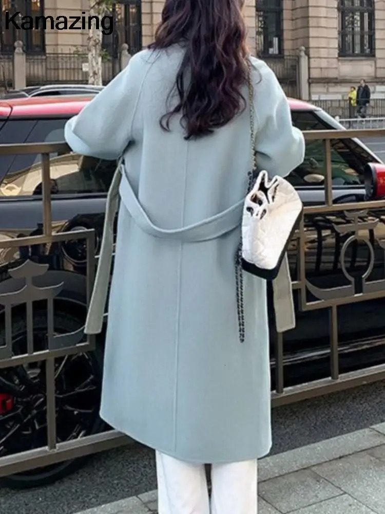 Women's Wool Blends Autumn Winter Loose Woolen Coat for Women Casual Solid Outerwear with Belted Korean Fashion Chic Female Overcoat Clothes 2311