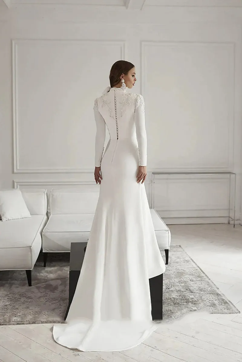 Simple Long High Neck Satin Beach Wedding Dresses Plus Size Full Sleeves Mermaid Sweep Train Party Gowns