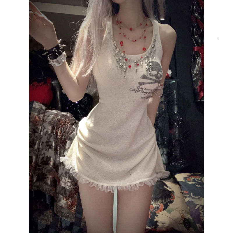 Casual Dresses Gothic Women Summer Y2k Tank Skull Print Lace Patchwork Sleeveless Streetwear Bodycon Harajuku Sundress 220410