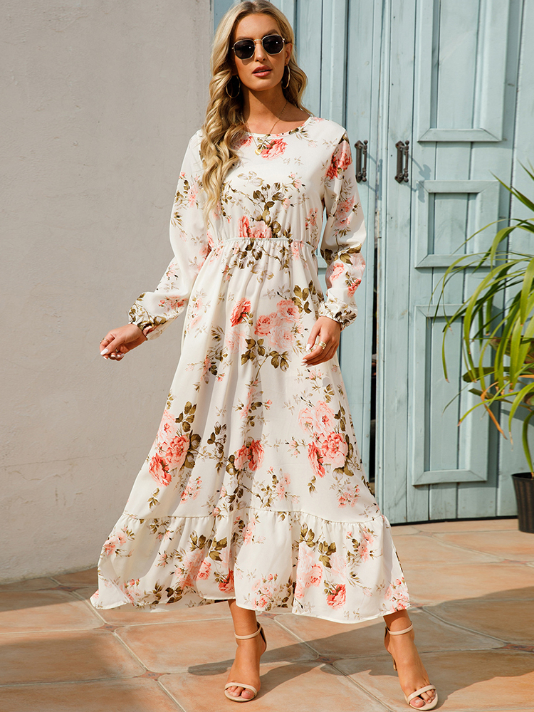 Casual Dresses Spring Women Maxi Full Sleeve Floral Printed O neck Woman Bohe Beach Party Long Dress Mujer Vestidos Drop 230411