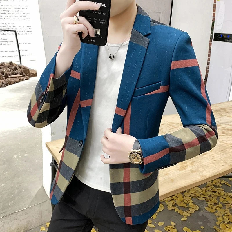Men's Suits Blazers Men's Blazer Fashion British Style Contrast Plaid Stitching Pattern Striped Slim Casual High-quality Men's Clothing