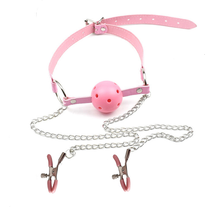 Adult Toys Sexy PU Leather Mouth Gag Ball Oral With Chain Nipple Clip Fetish Bondage Clamps Erotic Toy 230411