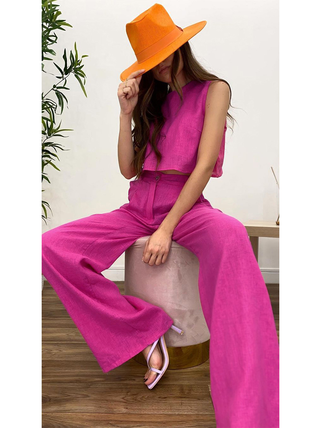 Women's Tracksuits 2023 Summer Fashion Leisure Pure Color Round Neck Tank Top Straight Pants Cotton Linen Suit Two Piece Sets 230411