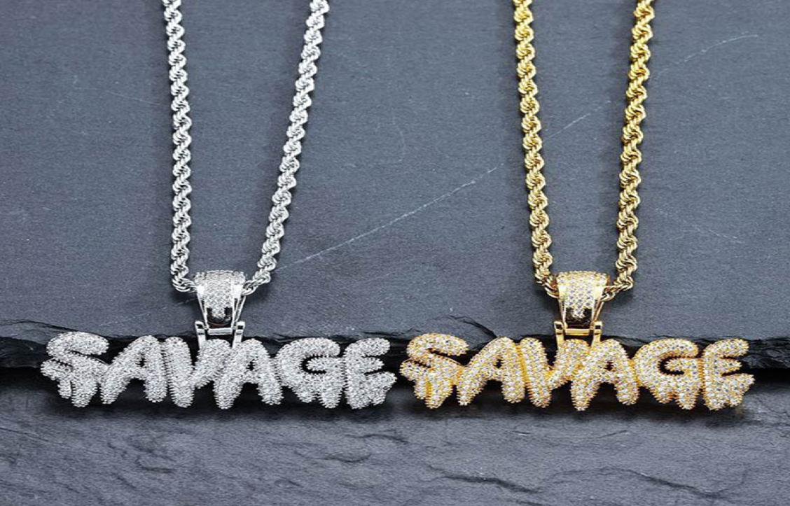 Bling Bling Savage Letter Necklace Pendant Shiny Ice Out Link Chain Necklace With Tennis Chain Choker Hip Hop Jewelry for Men