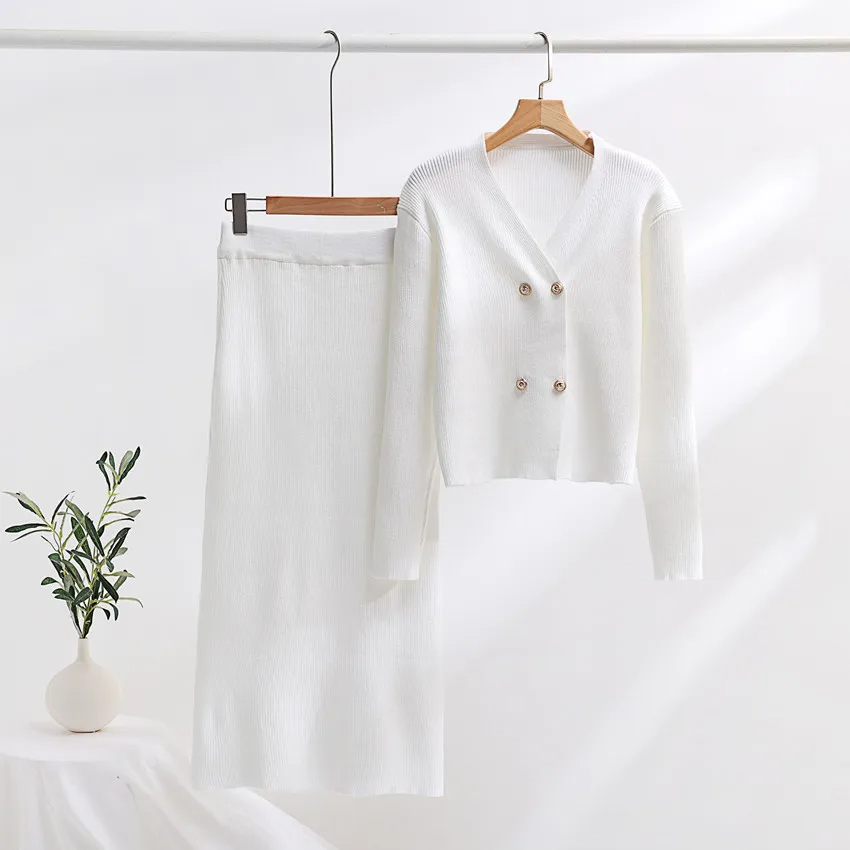 Two Piece Dress Vestidos New Autumn Winter Pink Knitted Sweater Suit Women V Neck Double Breasted Short Cardigan Long A Line Skirts 2 PCS Set 2024