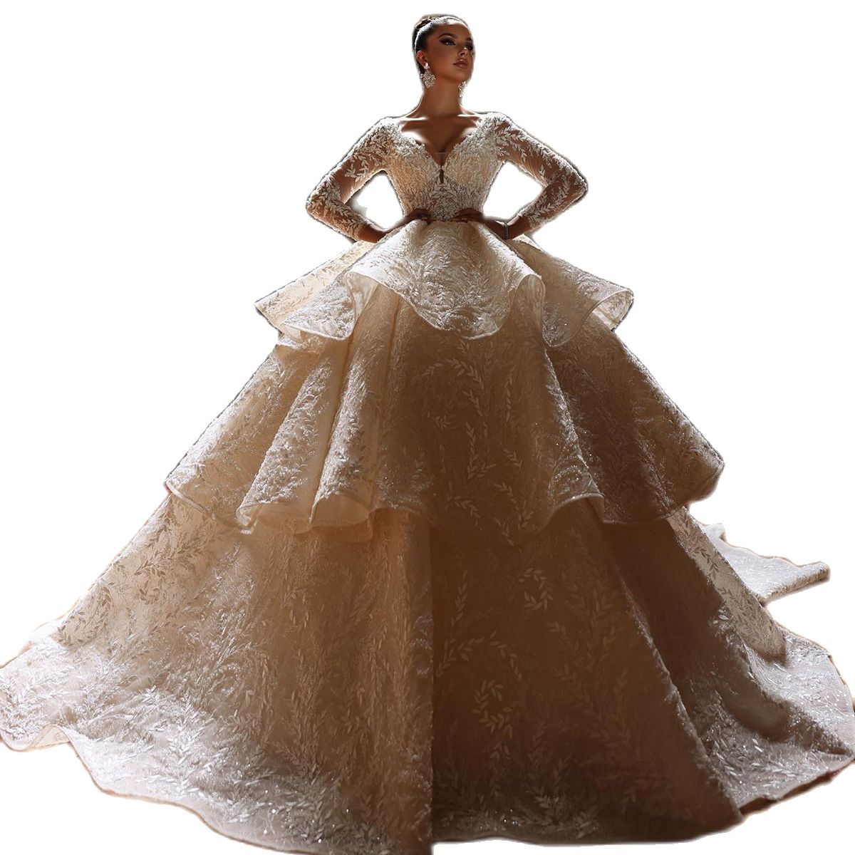 Sexy Full Sleeve Arabic Wedding Dresses Ball Gown V Neck Sequined Lace Bridal Dress Sweep Floor Custom Made Gowns