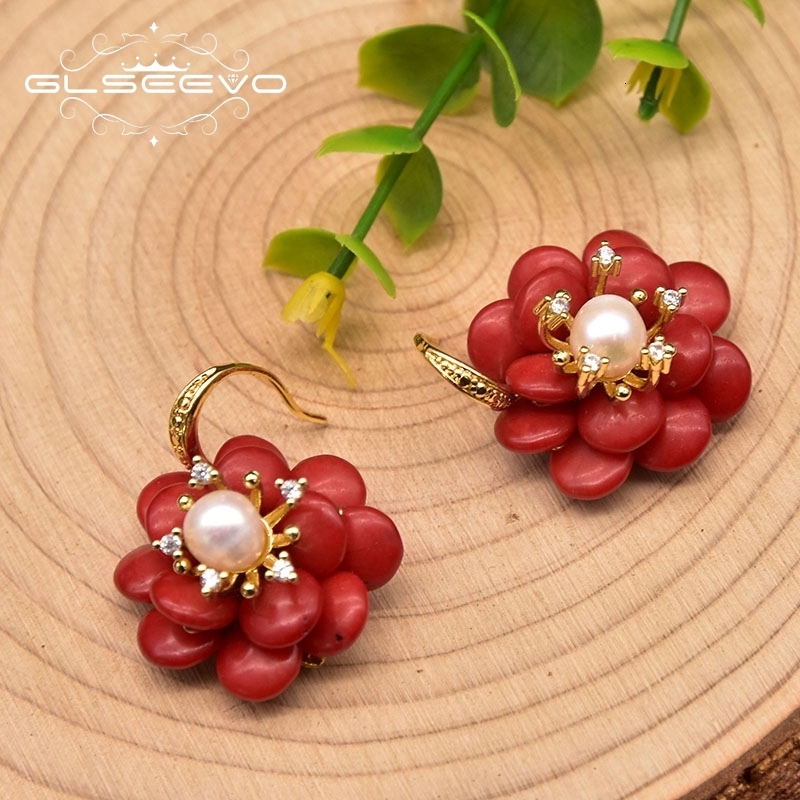 Hoop Huggie GLSEEVO Natural Coral Pendant Earrings Female Red Flower Handmade Fashion Luxe Ladies Earrings Fine Jewelry Wedding GiftsGE1042 230411