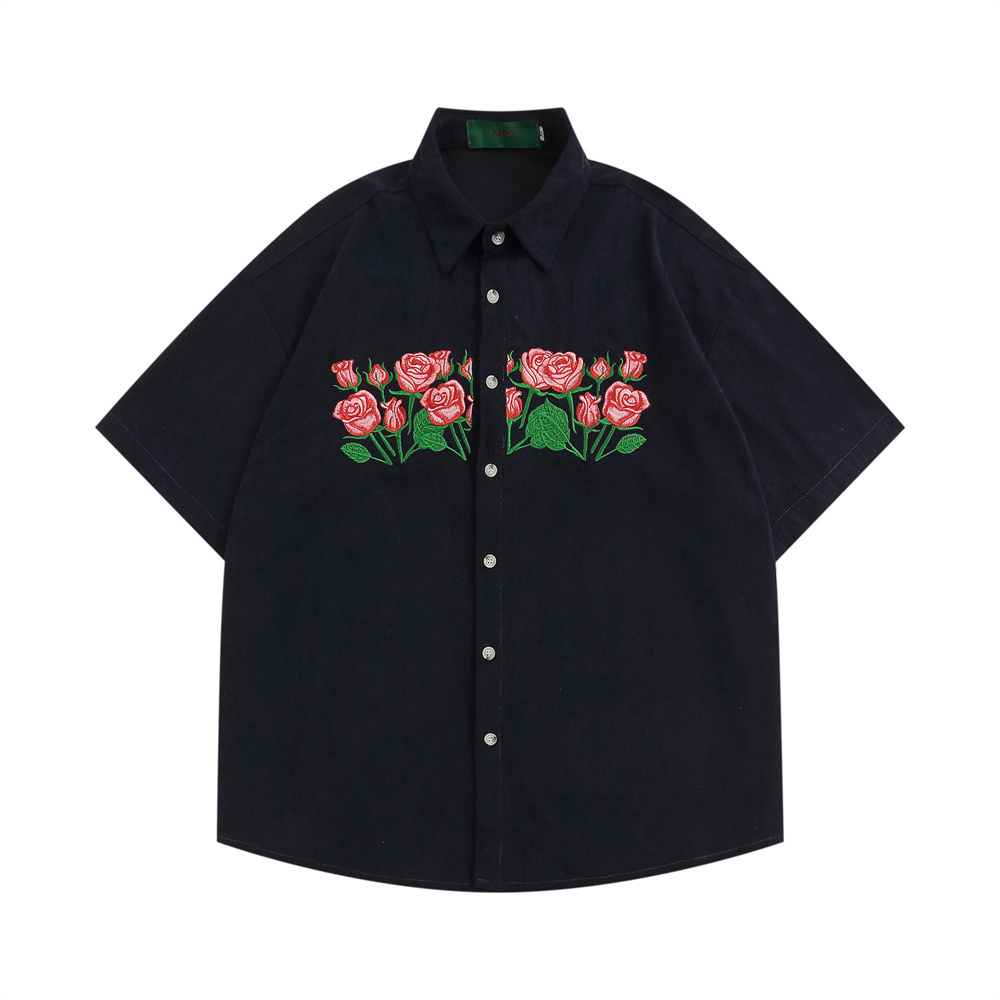Men's Casual Shirts Dark Icon Floral Embroidery Corduroy Shirts Men Women Summer Casual Men's Shirt Male Top Brown Blue 230410