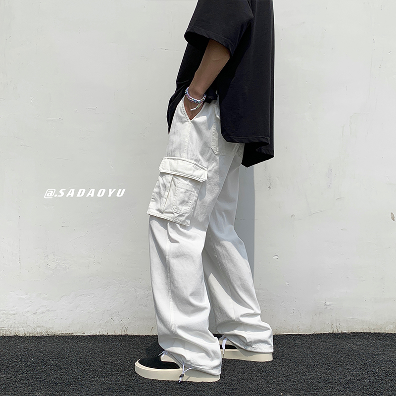 Men's Pants Black white Casual Fashion Loose Straight Wide Leg Men Streetwear Hip hop Pocket Cargo Mens Trousers 230411