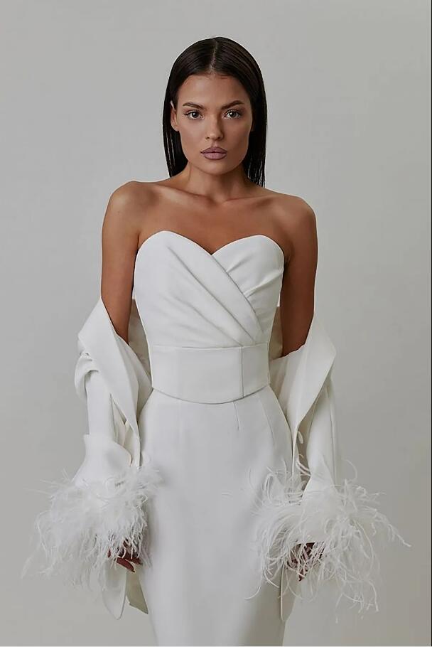Little White Dress slim Fit Prom Dresses with Long Sleeve Jacket Ostrich Feather Stain Evening Straight Skirt gown