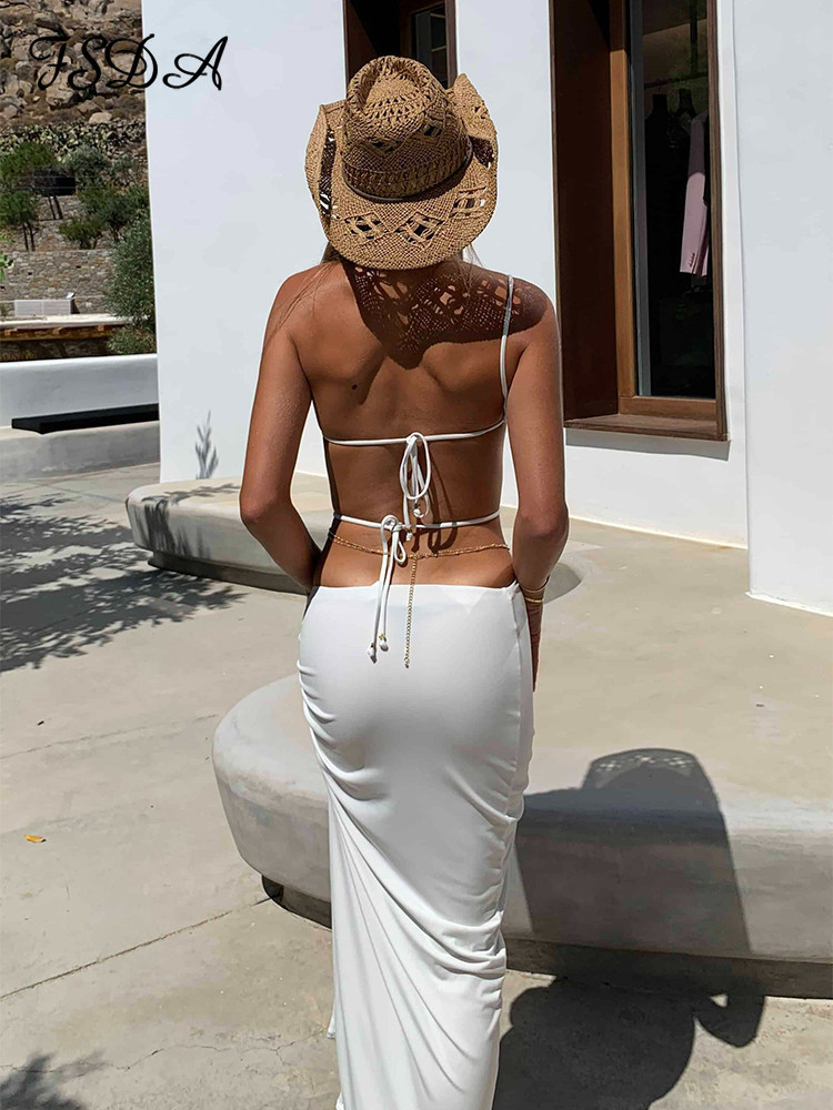 Casual Dresses FSDA Summer Beach Women Bodycon Dress White Backless Bandage Hollow Out Party Sexy Midi Sleeveless 230411