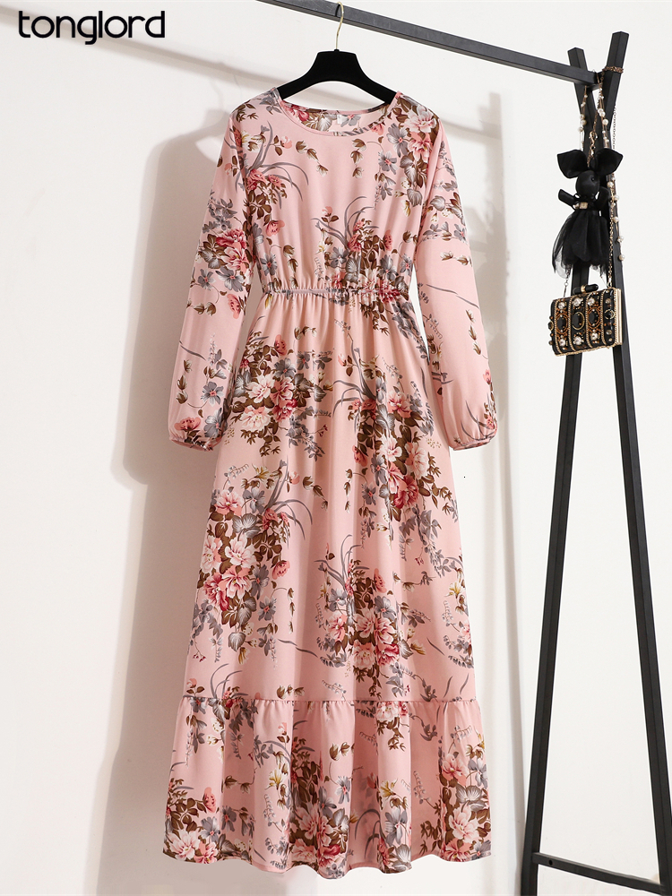 Casual Dresses Spring Women Maxi Full Sleeve Floral Printed O neck Woman Bohe Beach Party Long Dress Mujer Vestidos Drop 230411