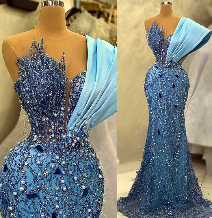 2024 Aso Ebi Crystals Beaded Prom Dress Sequined Lace Mermaid Evening Formal Party Second Reception Birthday Engagement Gowns Dresses Robe De Soiree Z