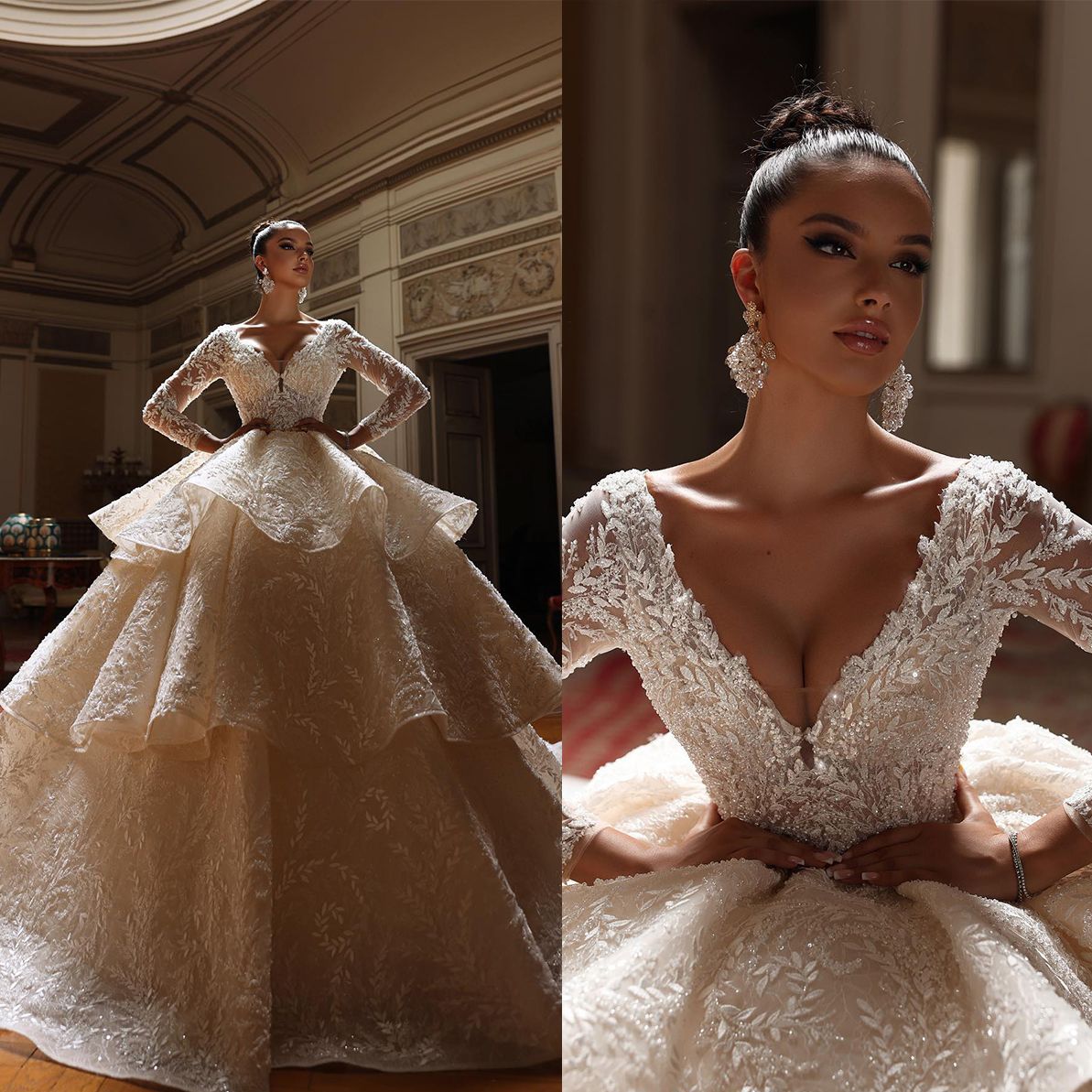 Sexy Full Sleeve Arabic Wedding Dresses Ball Gown V Neck Sequined Lace Bridal Dress Sweep Floor Custom Made Gowns