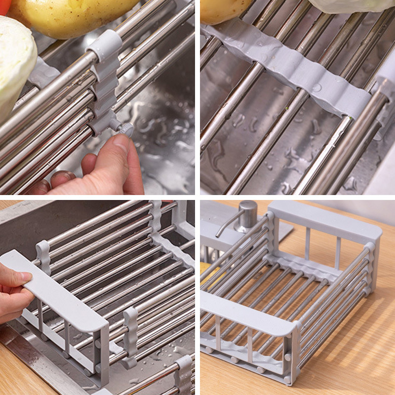 Storage Holders Racks Adjustable Dish Drying Stainless Steel Drainer Fruit Vegetable Kitchen Sink Drain Holder 230410