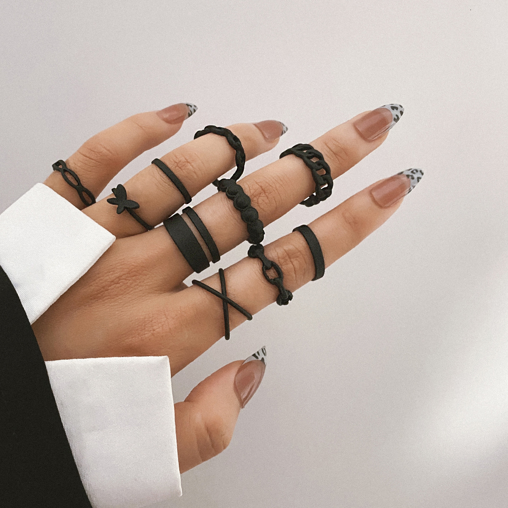 Band Rings Punk Black Finger Rings For Women Men Simple Chain Ring Set Fashion Rings Trend Friend Gifts Party Knuckle Jewelry Party 230410
