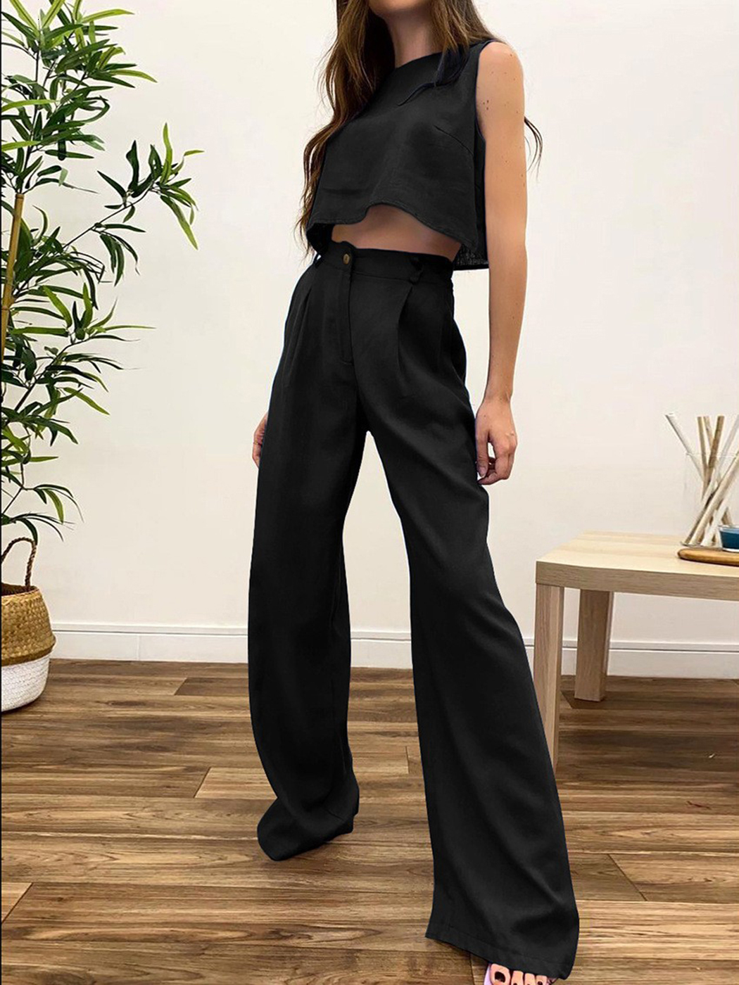 Women's Tracksuits 2023 Summer Fashion Leisure Pure Color Round Neck Tank Top Straight Pants Cotton Linen Suit Two Piece Sets 230411